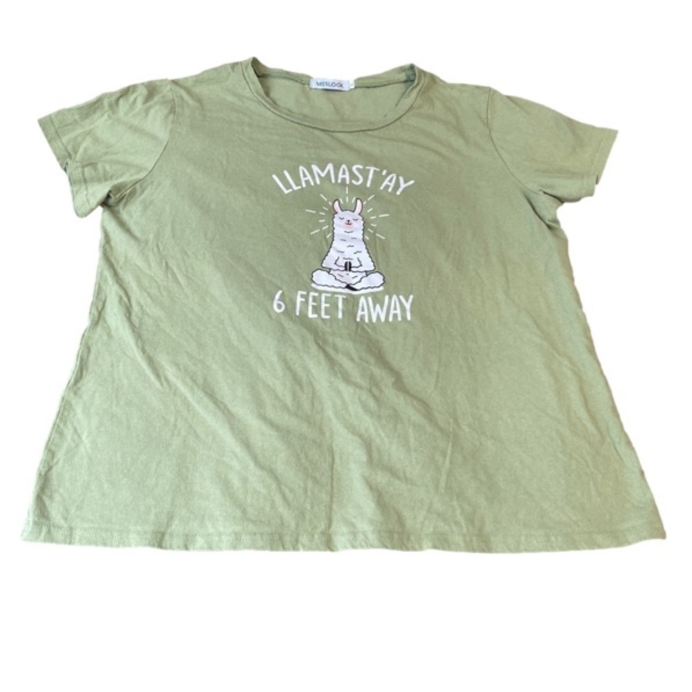 Miss Look Animal Women’s Llama Stay 6 Feet Away Green Shirt Plus Size 3xl GUC